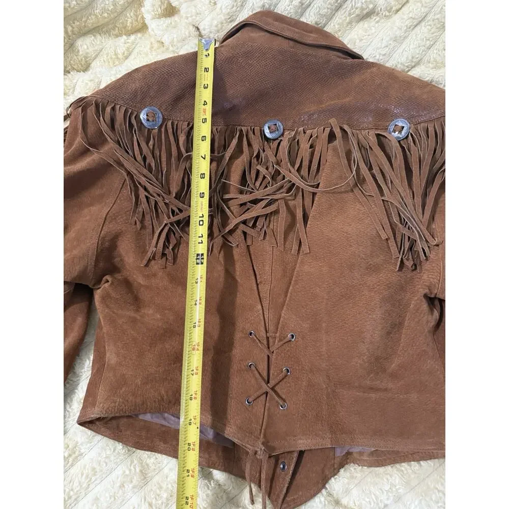 Women’s Vintage 80’s Fringe Leather Jacket Brown Western Express Size Large - Picture 13 of 16